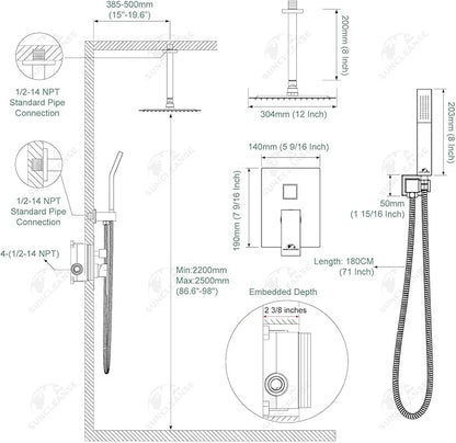 SunCleanse Rainfall Shower Faucet Set Brushed Gold Shower Combo Set for Bathroom with High Pressure 10 inch Shower Head with Handheld Shower Valves Shower Head and Handheld Ceiling Mounted
