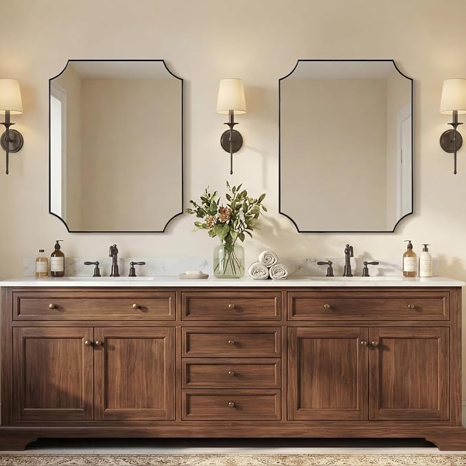 Bathroom Vanity Mirror, 28x36 Inch Matte Black Mirror, Modern Scalloped Mirrors for Bathroom, Unique Wall Mirror with Aesthetic Scalloped Corner Design