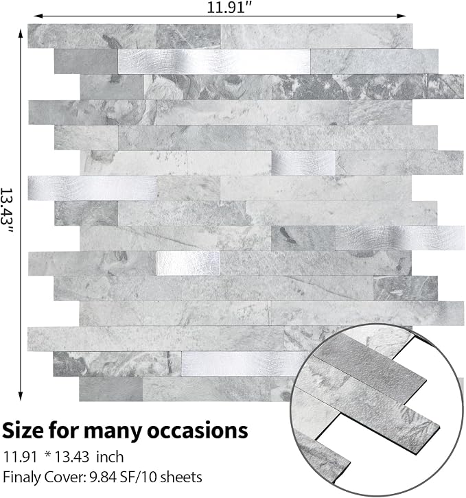 Yipscazo 20 Sheets Peel and Stick Stone Metal Tile Backsplash, Stick on Tiles for Backsplash Kitchen, Bathroom, Laundry Room, Camper, Fireplace (12'' X 12'', Gray Stone with Metal)