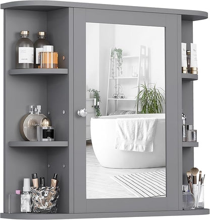 Shintenchi Bathroom Wall Cabinet with Mirror, Mounted Medicine Cabinets with 4 Internal and 6 Open Shelves, Mirrored Door Over the Toilet Storage, Gray