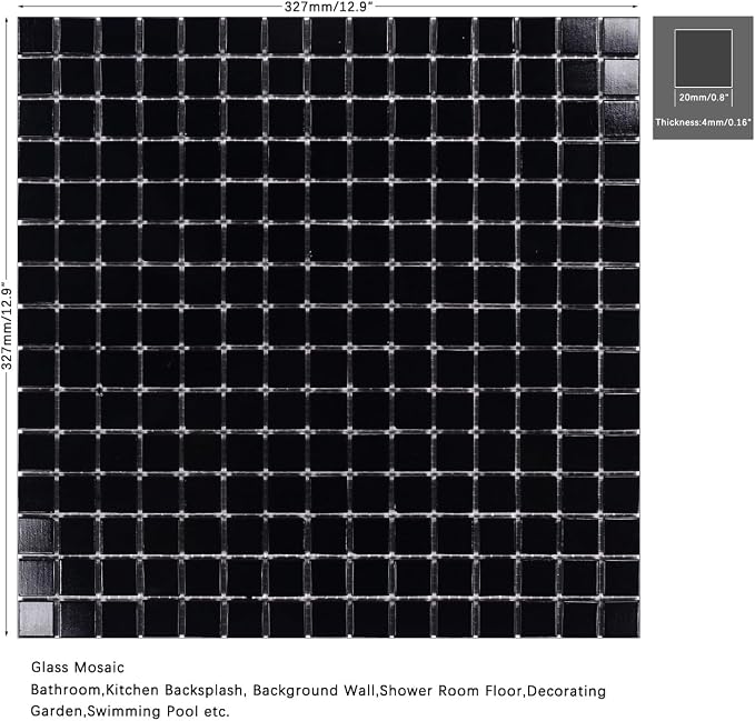 11.5 sq.ft Black Glass Mosaic Tile for Bathroom, Swimming Pool, Backsplash | Waterproof Wall & Floor Tile. Heat & frost resistant outdoors. Mesh-mounted easy install. Use any grout. Easy clean. 10pcs.