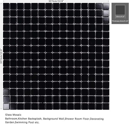 11.5 sq.ft Black Glass Mosaic Tile for Bathroom, Swimming Pool, Backsplash | Waterproof Wall & Floor Tile. Heat & frost resistant outdoors. Mesh-mounted easy install. Use any grout. Easy clean. 10pcs.