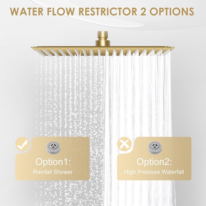 16 inch Brushed Gold Large Rain Shower Head Ceiling Mount - All Metal 304 Stainless Steel, Full Body Rainfall Shower with 324 Silicon Nozzles - Waterfall Bathroom Square Showerhead