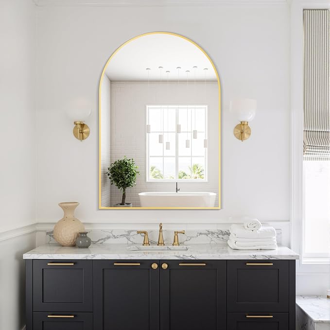 Arched Bathroom Mirror, 26"x38", Gold | Wall Mounted, Vanity Mirror, For Bedroom, Living Room and Entryway