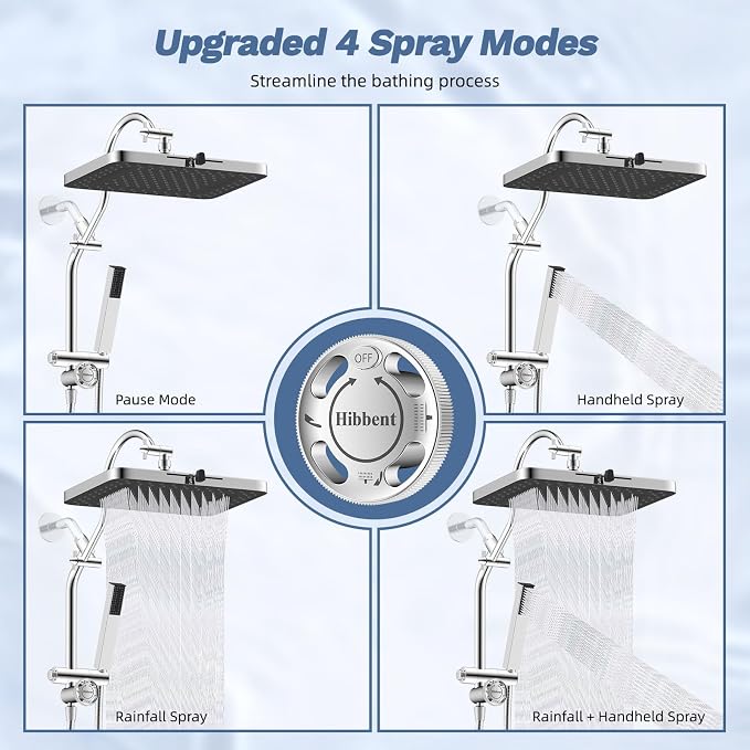 Hibbent 5-Mode 13" Rain Shower head, 4-Spray Metal Handheld Shower, Chrome | cUPC Certified High Pressure Showerhead Combo, All Metal 4-way Diverter with Extension Arm, 71'' Hose & Easy Reach Holder