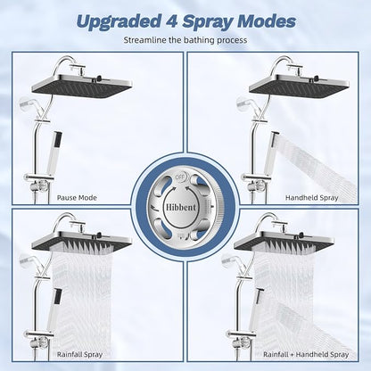 Hibbent 5-Mode 13" Rain Shower head, 4-Spray Metal Handheld Shower, Chrome | cUPC Certified High Pressure Showerhead Combo, All Metal 4-way Diverter with Extension Arm, 71'' Hose & Easy Reach Holder