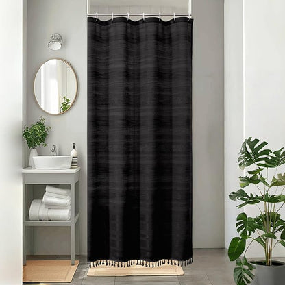 Black Boho Stall Shower Curtain, Narrow Soft Fabric Striped Linen Textured Bathroom Shower Curtain with Tassel, Modern Farmhouse Machine Washable Bath Decor, Black, 36Wx72L Inches
