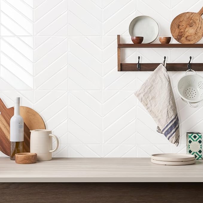 STICKGOO Herringbone Peel and Stick Backsplash, Pure White, 10 Sheets | 12.6 x 9.7 in, Thicker Rectangular Vinyl Stick-On Wall Tiles, Easy Alignment, Waterproof, Easy to Clean, Kitchen/Bathroom