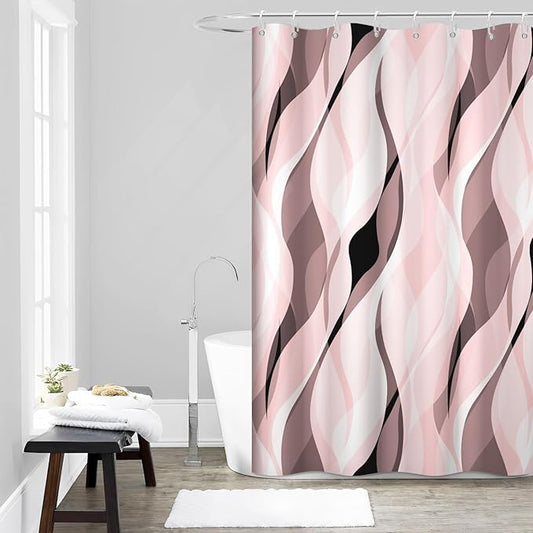 Pink Shower Curtain, Modern Abstract Pink and Grey Striped Shower Curtain Set for Bathroom Waterproof Shower Curtain with Hooks, 60x72 Inch