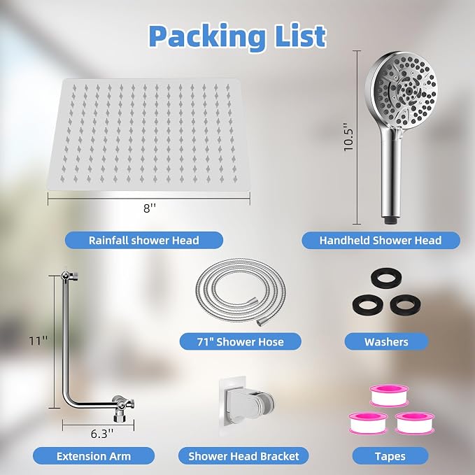 8" Metal Rainfall Shower Head with 10-Mode Handheld, Chrome | NSF/ANSI/CAN 372 Certified, High Pressure Showerhead Combo with 11" Adjustable Shower Arm, 71" Hose, Shower Head Holder