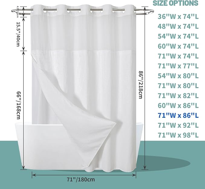 eachope No Hook Long Waffle Shower Curtain, Snap-in Liner, 71x86 in, White | 230 GSM waffle weave fabric, waterproof liner set with 2 bottom magnets, mesh top window, washable, for bathroom or hotel use