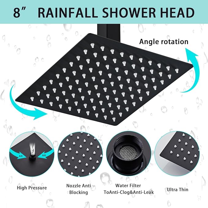 8 Inch Shower Faucet Set, Ceiling Mounted Rainfall Shower System with High Pressure Handheld Shower Head, Bathroom Mixer Shower Set Rough-in Valve and Trim Kit, Matte Black, with Tub Spout