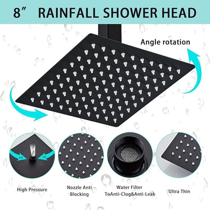 8 Inch Shower Faucet Set, Ceiling Mounted Rainfall Shower System with High Pressure Handheld Shower Head, Bathroom Mixer Shower Set Rough-in Valve and Trim Kit, Matte Black, with Tub Spout