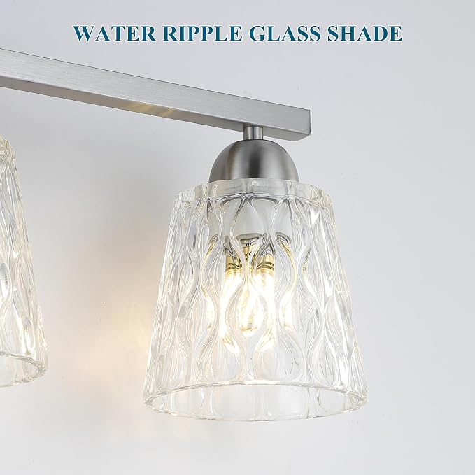 Mecgirn Stainless Steel Bathroom Vanity Light Over Mirror, 2 Light Brushed Nickel Bathroom Light Fixtures with Textured Glass Shades, Modern Vanity Lighting Wall Mount