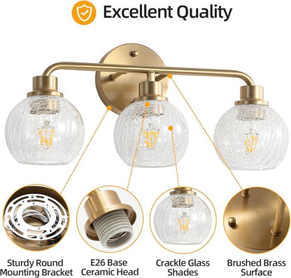 Bathroom Light Fixtures Gold Vanity Light 3 Light Brushed Brass | Wall Sconces Lighting with Crackle Globe Glass Shades Bath Wall Lamp for Mirror Kitchen Living Room Bedroom Hallway