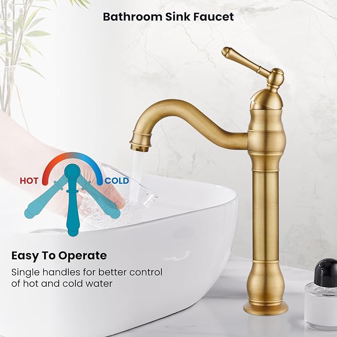 gotonovo Vessel Sink Faucet 360° Swivel Spout Single Handle Tall Bathroom Faucet 1 Hole Farmhouse Lavatory Washbasin Mixer Tap Matching Supply Hoses, Without Pop Up Drain, Antique Brass