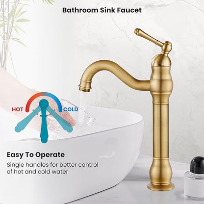 gotonovo Vessel Sink Faucet 360° Swivel Spout Single Handle Tall Bathroom Faucet 1 Hole Farmhouse Lavatory Washbasin Mixer Tap Matching Supply Hoses, Without Pop Up Drain, Antique Brass