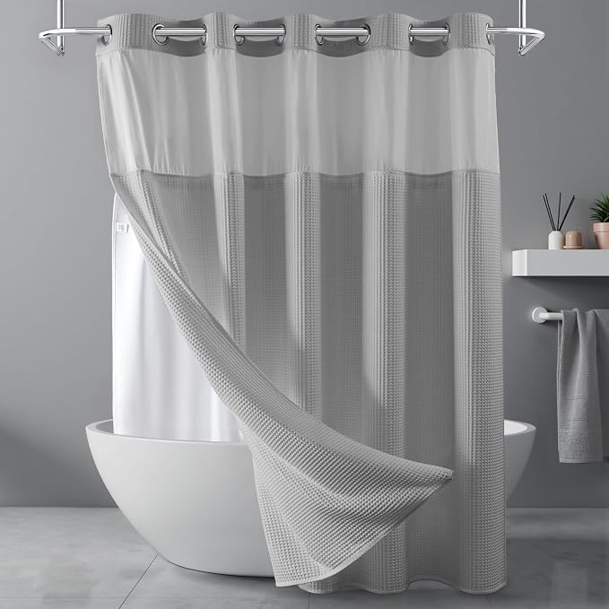 River Dream Gray Cotton Blend Fabric Shower Curtain Set with Liner, 71x74 | Waffle Weave, No Hook Needed, with Snap in Replacement Liner, Top Sheer Window, Hotel Quality Fabric for Bathroom