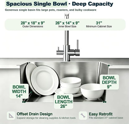 28x18x9 Inch Kitchen Sink Drop in, 304 Stainless Steel Single Bowl | Centre-Offset Drain, R10 Tight Corner, Topmount Kitchen Sink with Strainer & Bottom Grid
