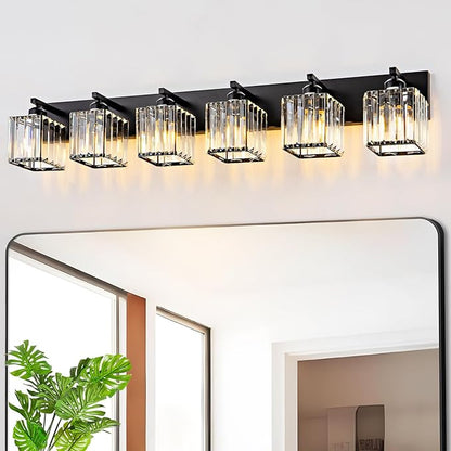 Modern Black Crystal Bathroom Vanity Light for Bathroom 6 Light Vanity Lighting Fixtures Over Mirror Wall Sconce