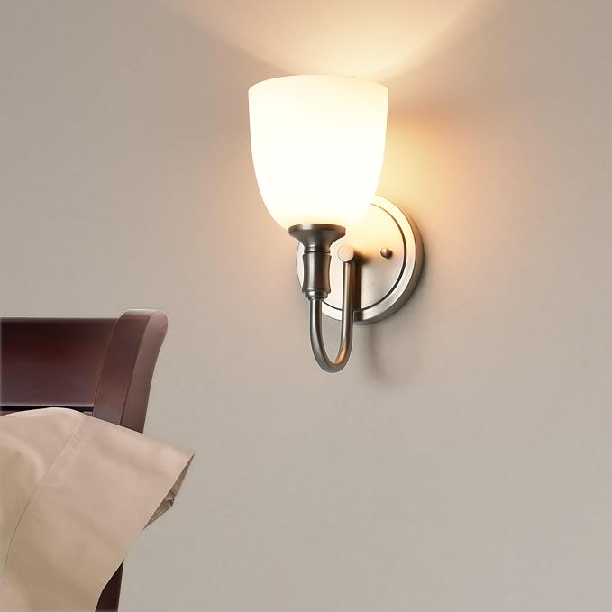 Vintage Traditional 1-Light Indoor Wall Sconce with Frosted Glass Bathroom Bedroom Hallway, 10.6" H x 5.3" W, Brushed Nickel