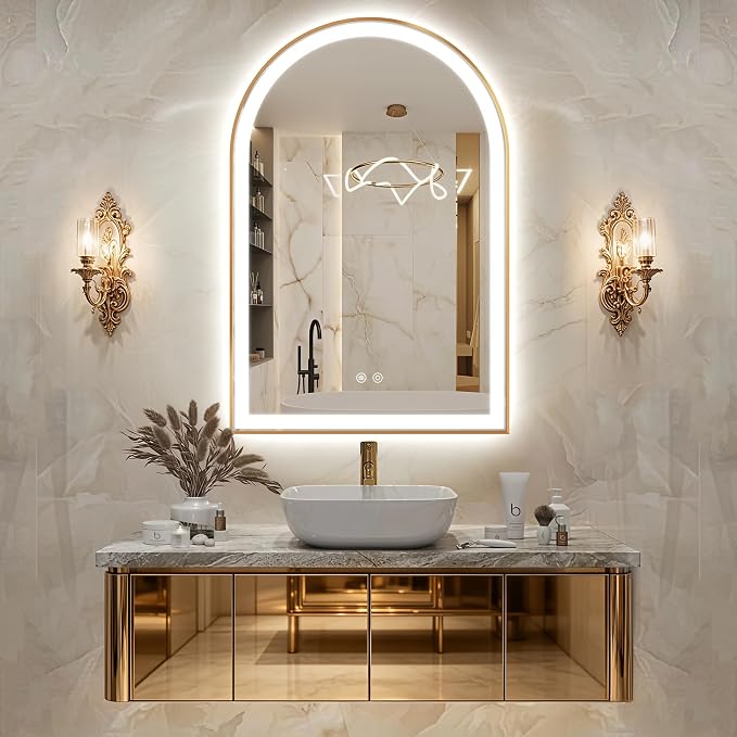 Arched LED Bathroom Mirror, 36"x24" Arch Backlit Vanity Mirror with Lights, Frontlit, Dimmable, 3 Colors, Memory Function, Anti-Fog Smart Mirror, Gold Frame, Shatterproof, UL Listed