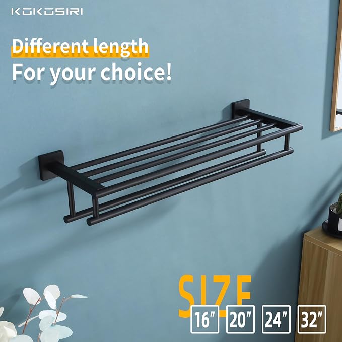 KOKOSIRI Bath Towel Rack with Double Towel Bars Bathroom Towel Shelf 24 Inch Towel Holder Wall Mounted Stainless Steel, Matte Black, B6005BK-L24