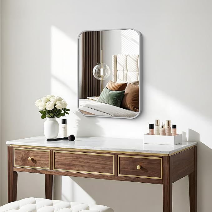 BONEWEI Silver Bathroom Mirror,16x20 inch Wall Mirror for Bathroom Wall Mounted,Rectangle Mirror for Bathroom Over Sink,Modern Frame Round Corner for Living Room,Bedroom Entryway,Horizontal/Vertical