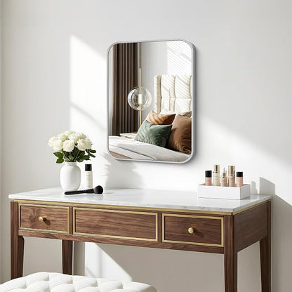 BONEWEI Silver Bathroom Mirror,16x20 inch Wall Mirror for Bathroom Wall Mounted,Rectangle Mirror for Bathroom Over Sink,Modern Frame Round Corner for Living Room,Bedroom Entryway,Horizontal/Vertical