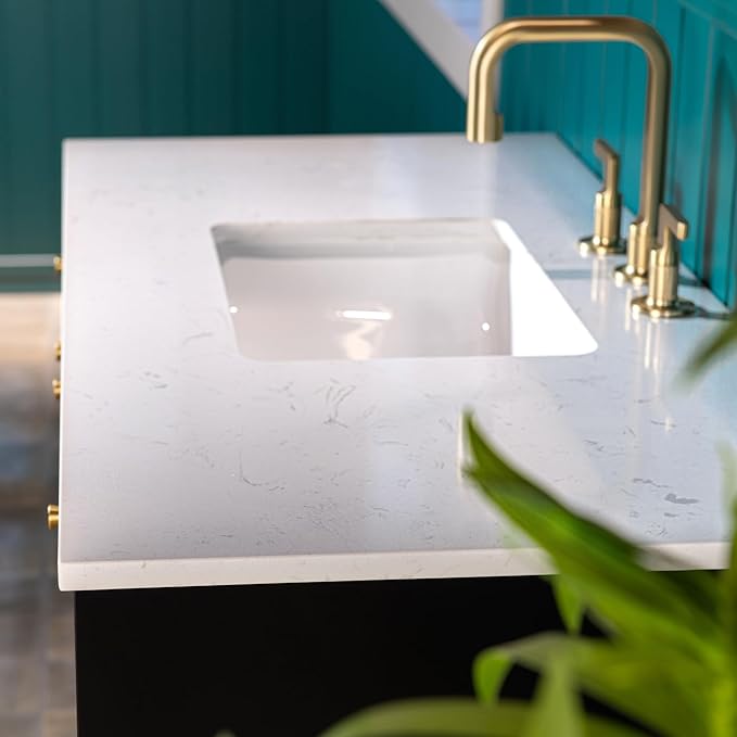 Woodbridge 48"x22" Bathroom Vanity with Single Ceramic Undermount Sink, White Engineered Stone Top, Hand-Painted Black & Gold Accents, Sleek Thin-Leg Frame, Space-Saving for Modern Living