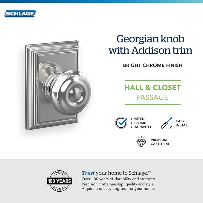 SCHLAGE Lock Company F10GEO625ADD Addison Collection SCHLAGE Passage Knob, Bright Chrome