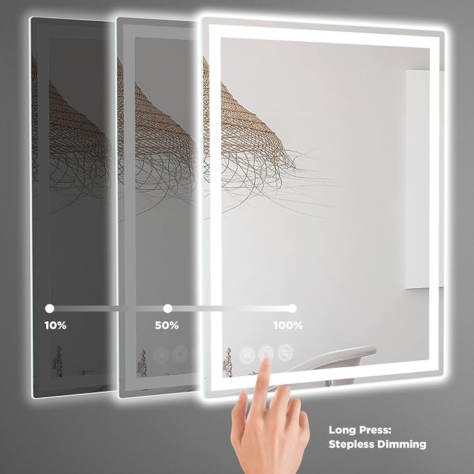 28" x 36" LED Bathroom Mirror with Lights, Memory Vanity Mirror | Anti-Fog, 3 Color Modes, Dimmable, Front Lit, Memory Function, Tempered Glass, Lighted Bathroom Mirror for Wall