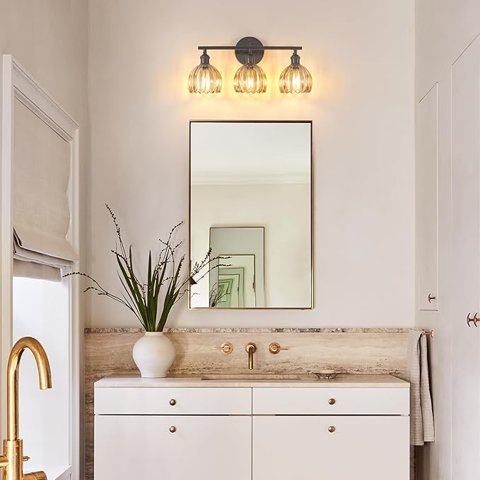 Bathroom Light Fixtures, 3-Light Black Vanity wall Light Over Mirror with Amber Tulip Glass Shade for Bedroom Living Room (Bulb Not Included)