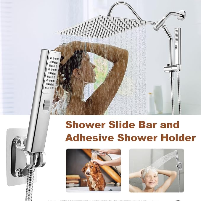 Shower Head, 12" Rain Shower Head with Handheld Spray Combo, High Pressure Rainfall Rectangle Shower Heads with Extension Arm Wide Dual Showerhead with Shower Slide Bar, Bathroom Accessories, Chrome