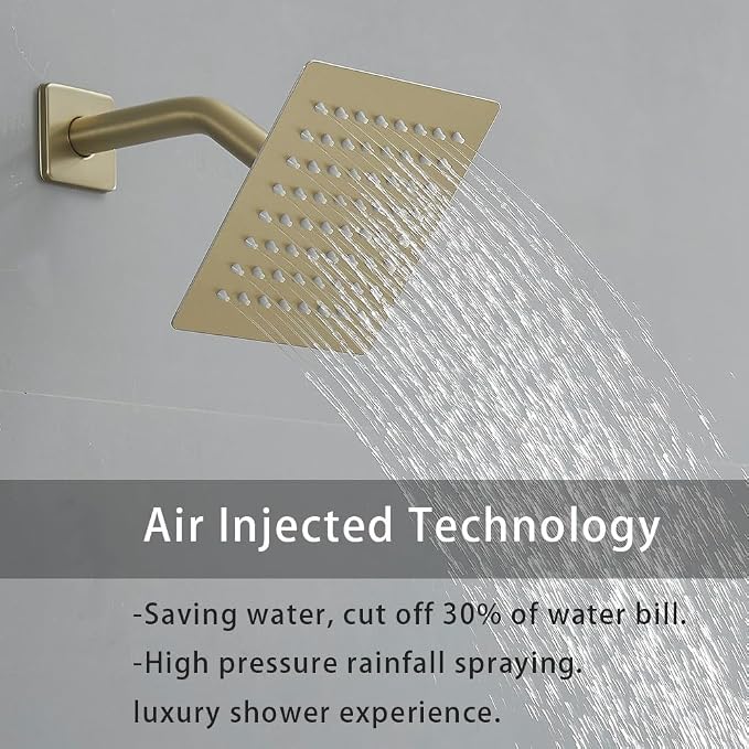 Shower Faucet Set Brushed Gold 12 Inch Wall Mount Rainfall Shower System with 2 Rain Shower Head and Handheld Head Push Button Diverter Shower Trim Kit and Rough-in Valve Body
