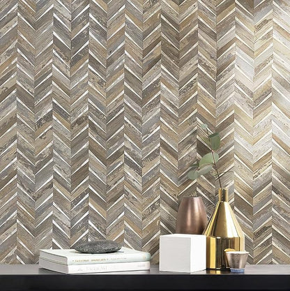 DICOFUN 10-Sheet Herringbone Peel and Stick Backsplash for Kitchen, Distressed Wood Wood Look PVC Mixed Metal Chevron Stick on Backsplash Wall Tiles