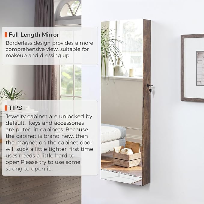 GISSAR Full Length Mirror Jewelry Cabinet, 6 LEDs Jewelry Armoire Wall Mounted Over The Door Hanging, Jewelry Organizer Display Storage Furniture with Lights Locker Mirrored Cabinet, Vintage Brown