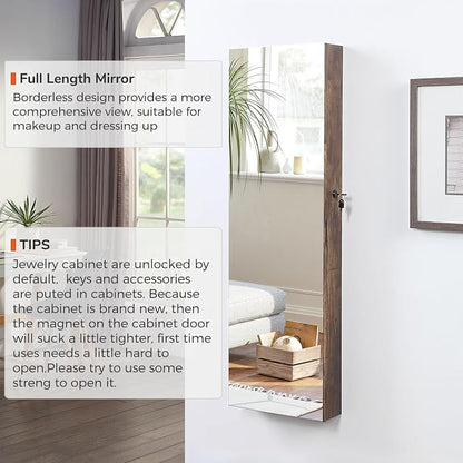GISSAR Full Length Mirror Jewelry Cabinet, 6 LEDs Jewelry Armoire Wall Mounted Over The Door Hanging, Jewelry Organizer Display Storage Furniture with Lights Locker Mirrored Cabinet, Vintage Brown