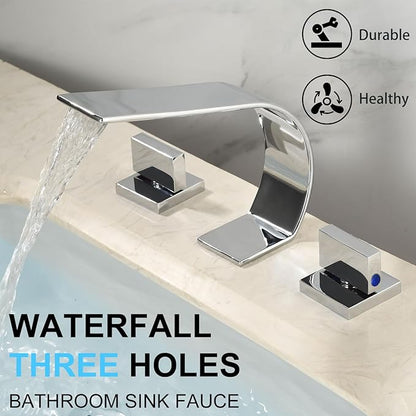 becola Chrome Bathroom Faucet 3 Hole,Ultrathin Low Arc 8 inch Widespread Bathroom Faucet,Waterfall Bathroom Faucet,2-Handle Modern Vanity Faucet with Hot and Cold Water Supply Hoses
