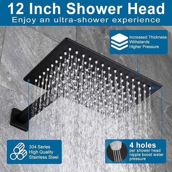 Matte Black Shower Tub Faucet Set Bathroom Rain Shower System with Tub Spout Wall Mounted Rainfall 12 Inch Shower Head and Handle Set Include Shower Valve and Trim Kit