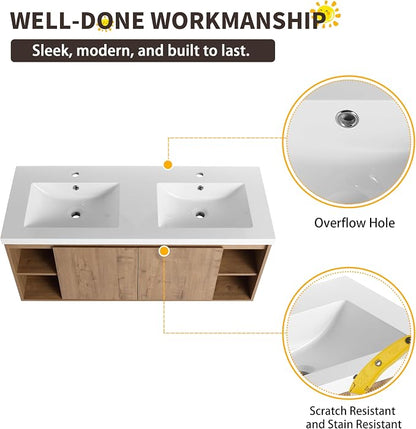 48" Wall Mounted Bathroom Vanity with Double Sink, Imitative Oak | 48 Inch Modern Floating Cabinet with Center Open Shelf & Soft-Close Doors, 2 Resin Basins