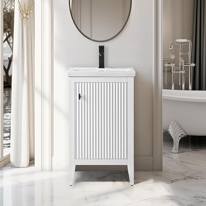 Vanity Art 20 inch Bathroom Vanity with Single Sink & Ceramic Top, Vanity Cabinet with Soft-Closing Door, Solid Wood Frame, Linear Pattern, White, VA9120-W-MB,Matte Black Handles
