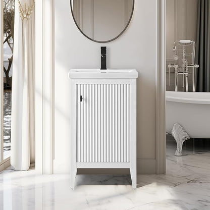 Vanity Art 20 inch Bathroom Vanity with Single Sink & Ceramic Top, Vanity Cabinet with Soft-Closing Door, Solid Wood Frame, Linear Pattern, White, VA9120-W-MB,Matte Black Handles
