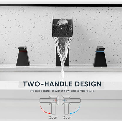 Matte Black Bathroom Faucet 3 Holes Two Handles Lavatory Vanity Sink Faucet Widespread 8 Inch Waterfall with Supply Hoses Stainless Steel