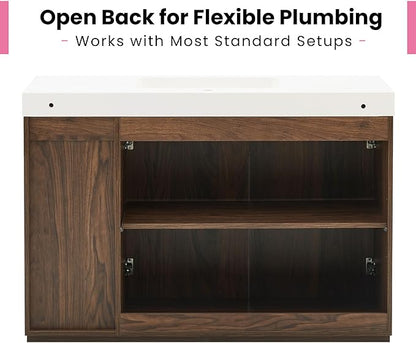 48" Bathroom Vanity with Sink Combo, Mid Century Modern Bathroom Cabinet with Doors & Open Shelf, Glossy White Integrated Sink with Overflow, Brown Walnut