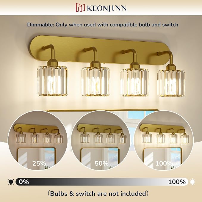 Keonjinn 3-Light Gold Bathroom Light Fixtures Over Mirror, Crystal | Vanity Lighting Fixture with Square Shades, Dimmable, Vintage Style, Compatible with E26 Base LED Bulbs (Blub Not Included)