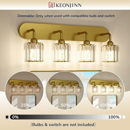 Keonjinn 3-Light Gold Bathroom Light Fixtures Over Mirror, Crystal | Vanity Lighting Fixture with Square Shades, Dimmable, Vintage Style, Compatible with E26 Base LED Bulbs (Blub Not Included)