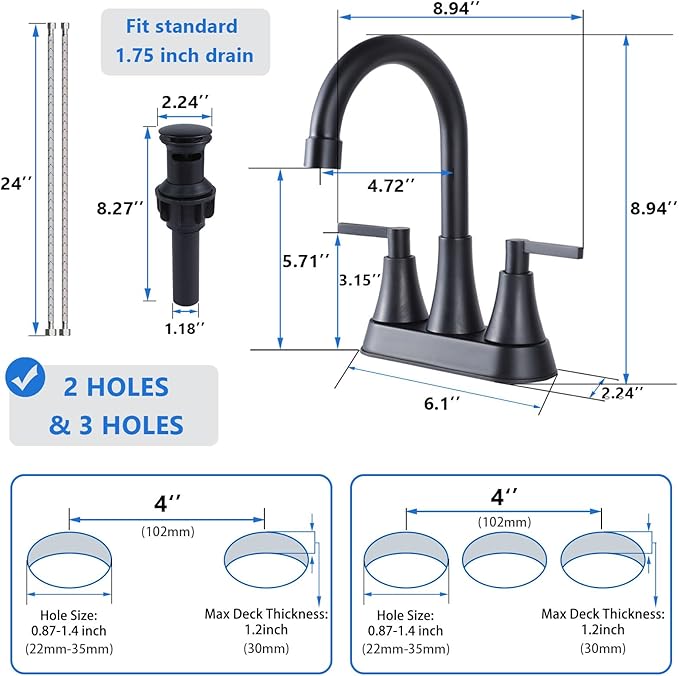 VCCUCINE Bathroom Faucets for Sink 3 Hole, Hurran 4 inch Matte Black with Pop-up Drain and 2 Supply Hoses, Stainless Steel 2-Handle Centerset Faucet for Sink Vanity,VC-MC-010B
