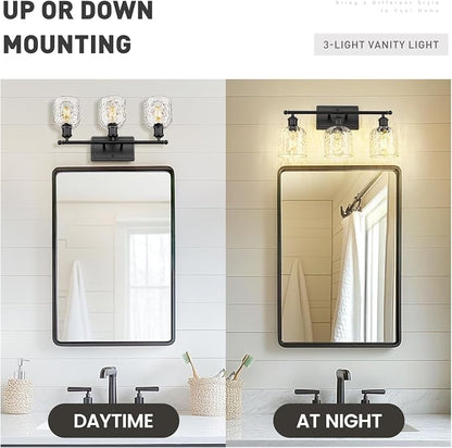 zeyu Bathroom Black Vanity Light, 21'' Black Bathroom Light Fixture 3 Light, Modern Vanity Lamp with Clear Hammered Glass, ZJF63B-3W BK