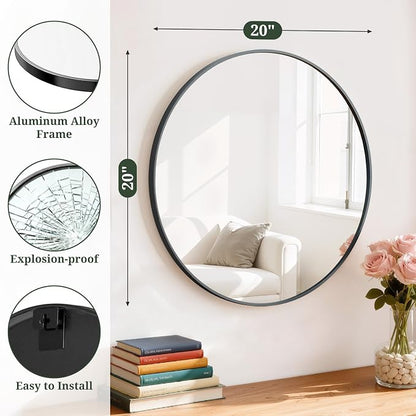Round Wall Mirror 20 Inch Black Vanity Mirror with Metal Frame | Modern Circle Wall Mounted Decorative Mirrors for Bathroom, Entryway, Bedroom, Living Room